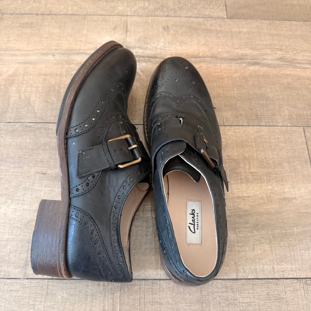 Clarks Monk Strap Oxfords Women 8.5 Black Academia Wingtip Brogue Leather Shoe